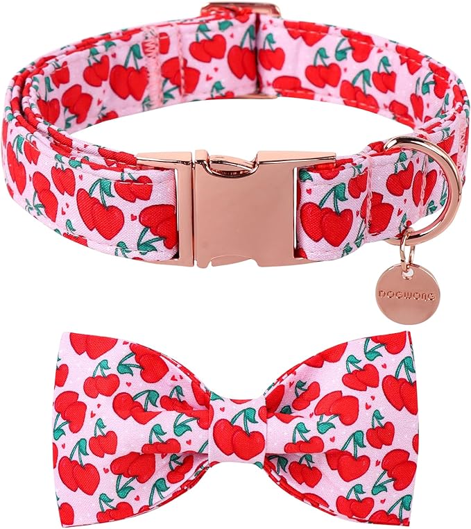 DOGWONG Valentine Dog Collar with Bow, Pink Cherry Heart Dog Collar Durable Soft Cotton Pet Dog Collar Cute Heart Valentines Day Puppy Necklace for Small Medium Large Dog