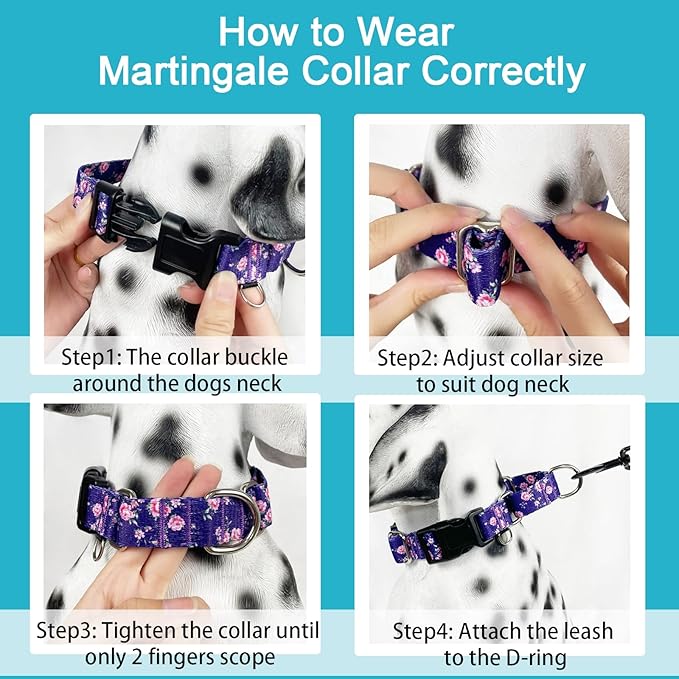 Martingale Collar for Dogs with Buckle Floral Dog Collar Girl Female Soft Nylon Dog Collars for Small Medium Large Dogs (Purple Flower, M)