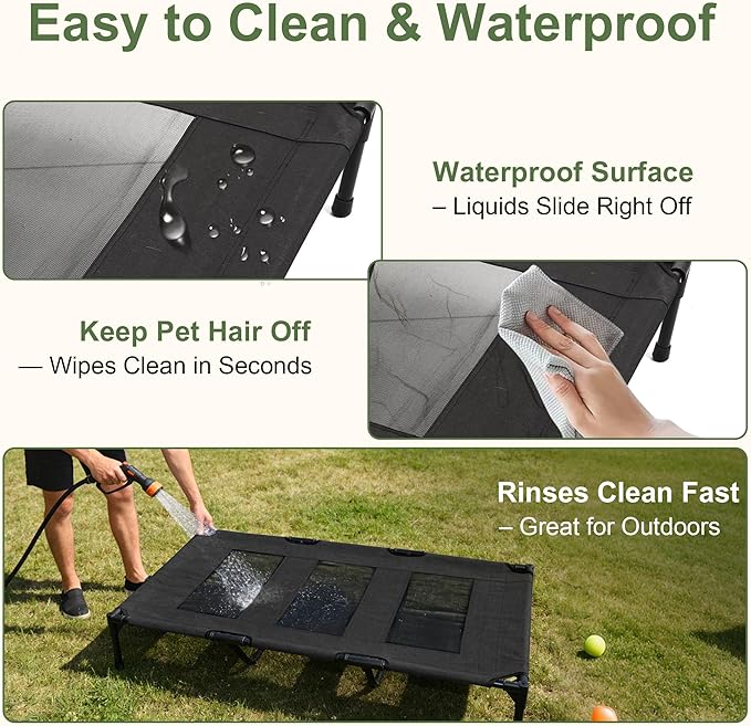 Dog Cooling Bed, Raised Pet Cot for Medium and Large Dogs, Cooling Breathable Mesh, Durable Sturdy Frame, Washable Cover, Portable and Easy to Assemble Indoor/Outdoor Pet Bed, Black, L