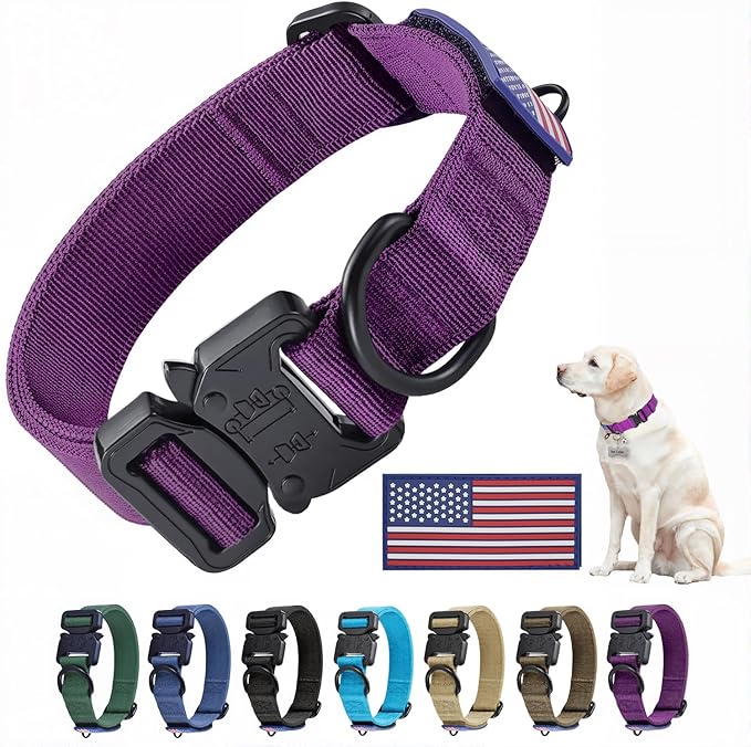 Heavy Duty Tactical Dog Collar Adjustable Nylon Pet Collars Quick Release Buckle with 2 D-Rings Patch for Medium, Large Dogs (Purple, Size M)