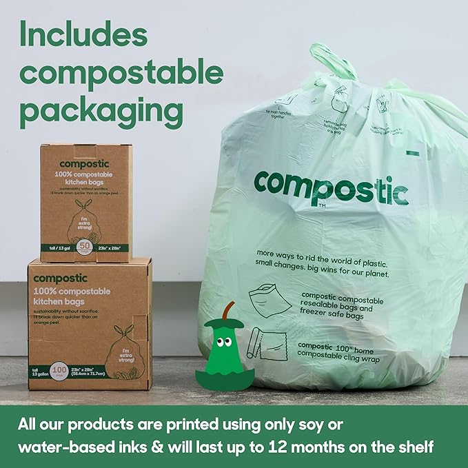 Compostic Home Compostable Trash Bags, 13 Gallon Tall Kitchen Rubbish Bags, Extra Strong & Quickly Breaks Down, 50 Count