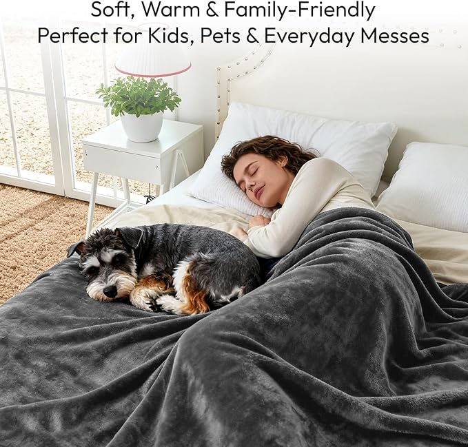 NANPIPER 100% Waterproof Blanket for Bed, Reversible Fleece Love Blanket, Spill-Proof Dog Throw for Camping, Travel, Dark Grey/Light Grey 80x90 inches