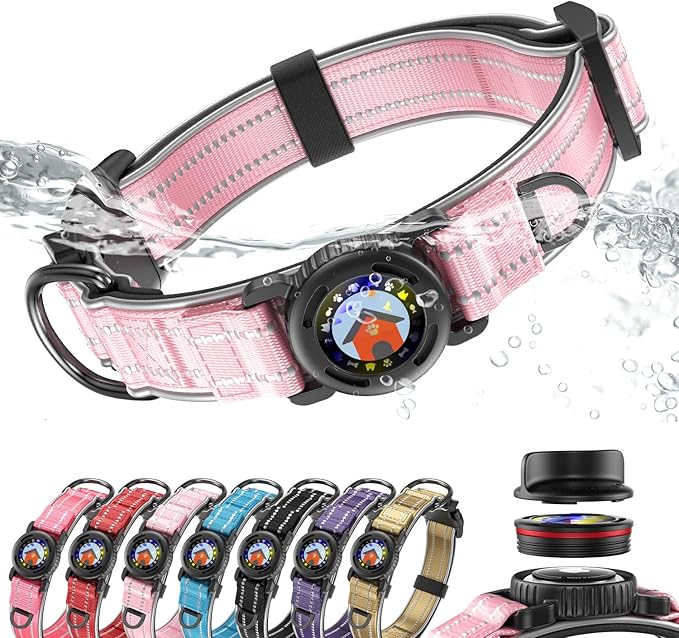 Upgrade Airtag Dog Collar,with IPX8 Waterproof AirTag Holder | Reflective Ultra-Durable | Soft Padded | Lock Buckle | Heavy Duty | Fit Small Medium Large Dogs（Pink，M(15"～19")）