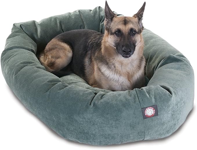 Majestic Pet 32 Inch Micro Velvet Calming Dog Bed Washable – Cozy Soft Round Dog Bed with Spine for Head Support - Fluffy Donut Puppy Mat 32x23x7 (inch) Medium - Storm