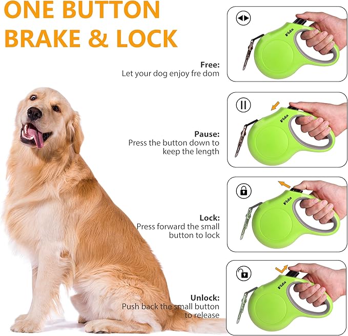 Fida Retractable Dog Leash with Dispenser and Poop Bags, 16 ft Pet Walking Leash for Small Dog or Cat up to 26 lbs, Anti-Slip Handle, Tangle Free, Reflective Nylon Tape (S, Green)