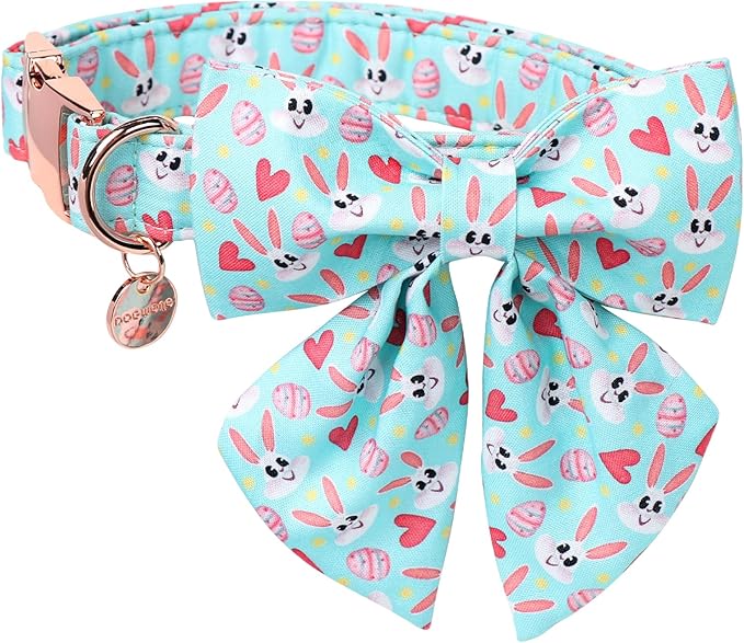 DOGWONG Cotton Easter Dog Collar with Bowtie, Soft Adjustable Blue Bunny Easter Day Dog Collar Cute Colorful Egg Puppy Collar for Small Medium Large Dog
