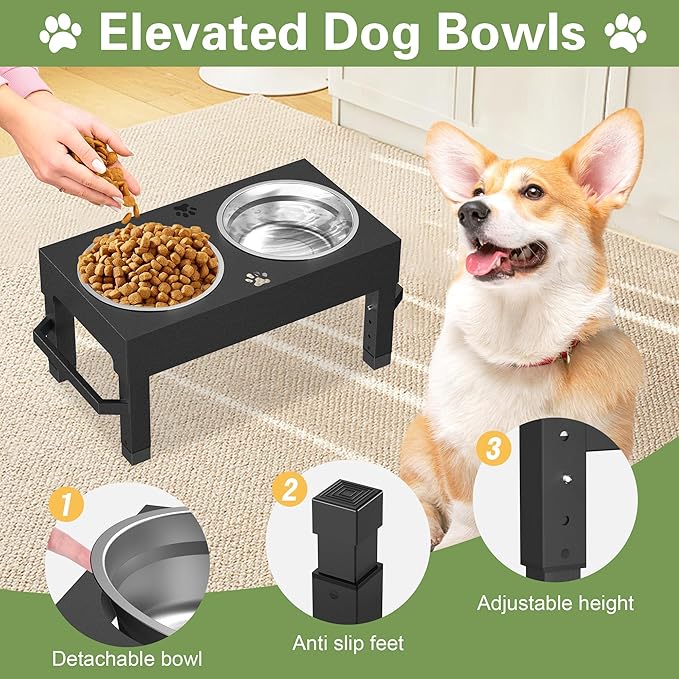 Elevated Dog Bowls, 4 Height Adjustable Raised Bowl Stand with 2 Stainless Steel 7" Food Feeder Bowls for Small Medium and Large Dogs