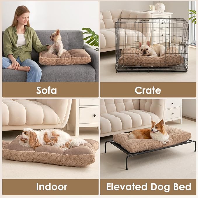 EHEYCIGA Washable Small Dog Bed for Crate 23x18 Inch, Reversible Kennel Pad for Puppy Weight Up to 25 lbs, Plush and Comfy Pet Sleeping Mat, Camel