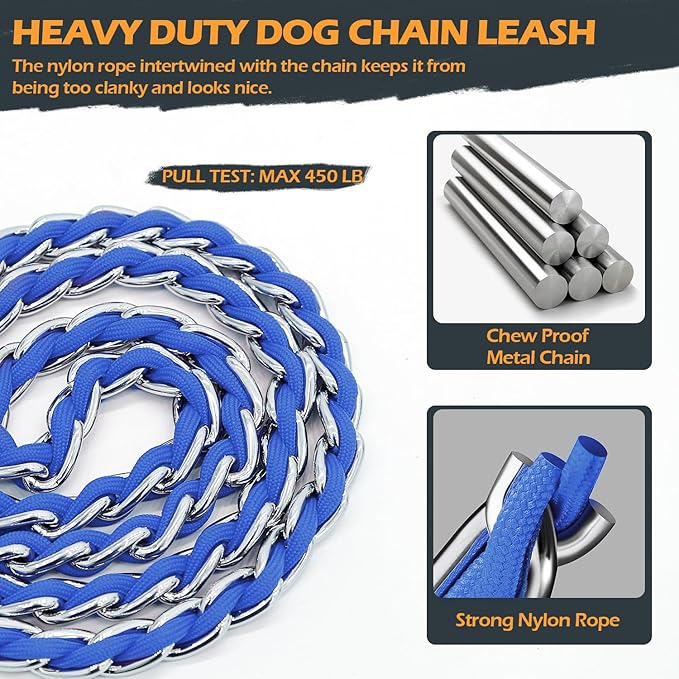 Chain Dog Leash Chew Proof Metal Leash for Medium Large Dogs, Chain Link Dog Anti Chew 5.2FT / 4FT Strong Anti Bite Comfortable Soft Padded Handle (Blue, 5FT(30-80lb)