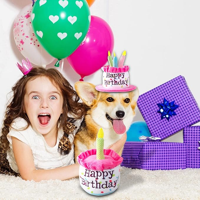 Dog Birthday Cake Toys, Happy Birthday Cake Shaped Squeaky Dog Toys for Small & Medium Dogs | Funny Dogs Gifts | Plush Dog Party Toys, Small, Pink