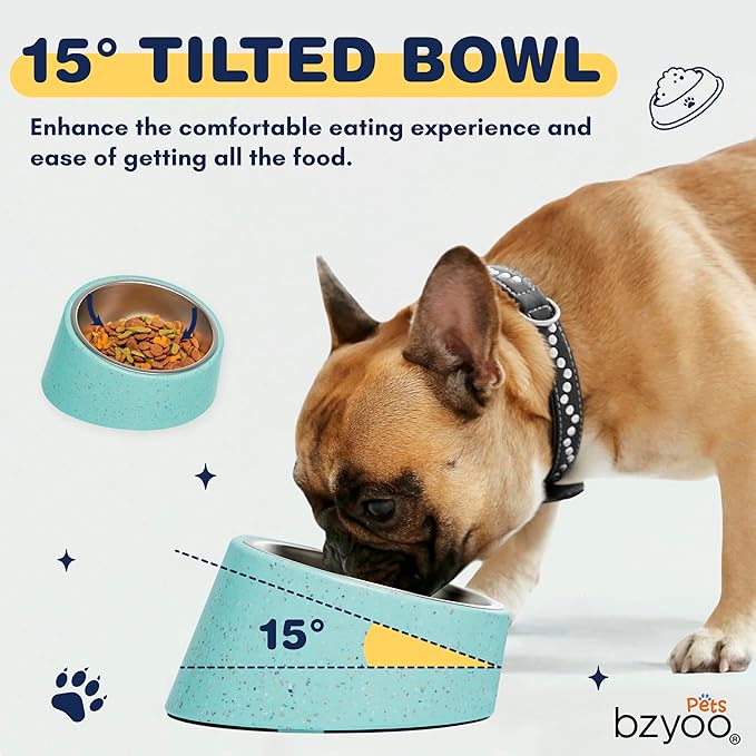bzyoo 16oz Tilted Dog Bowl for Small Dogs & Cats, 15° Elevated Stainless Steel Pet Feeder, Ergonomic Anti-Vomiting Food Bowl for Frenchie, Pug, Persian Cat, Non-Skid Melamine Stand, Sprinkle (Green)