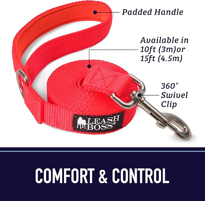 Leash Boss 10 Foot Dog Leash with Padded Handle - Long Leash for Hiking, Camping, Exploring, or Walking (10 Feet, Black/Red/Grey)