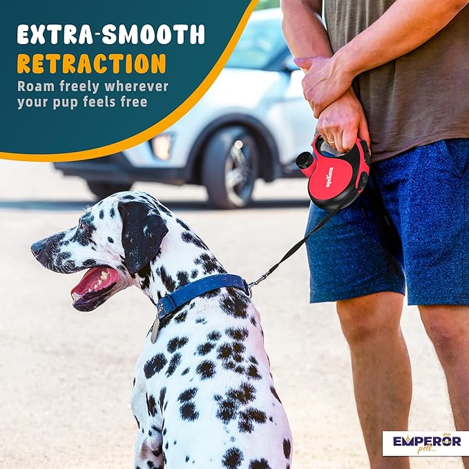 Emperor Pets 26 ft Retractable Dog Leash Red - Heavy Duty Retractable Pet Leash with Anti-Slip Grip for Medium to Large Dogs up to 110 lbs -Aura BR26