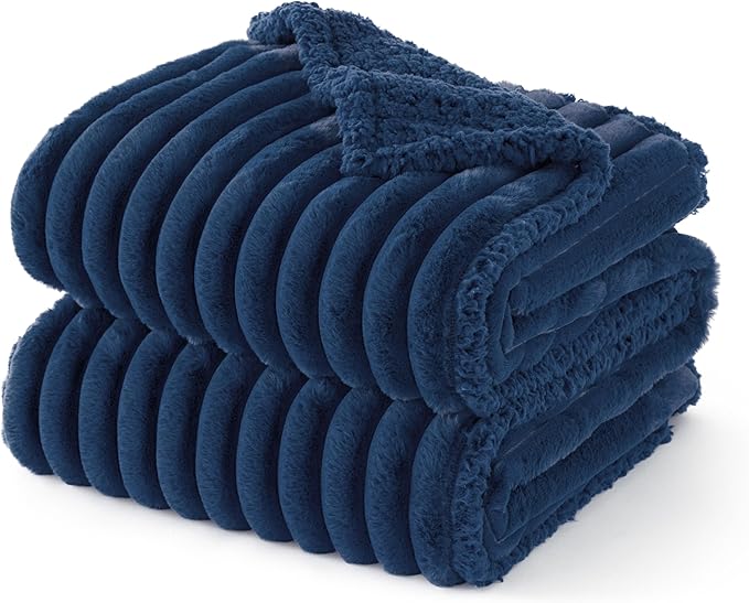 Bedsure ComfyFleece Waterproof Dog Blankets for Large Dogs - Soft Pet Cat Blanket Corduroy Fleece for Bed Protector Washable, Cozy Calming Reversible Furniture Protection,60"x80", Navy Blue