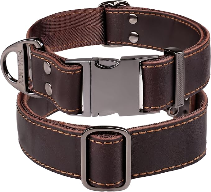 ADITYNA Leather Dog Collar with Metal Buckle - Heavy-Duty, Adjustable for Large & Extra Large Dogs - Walking & Training (Brown, Fits 19-30" Necks)