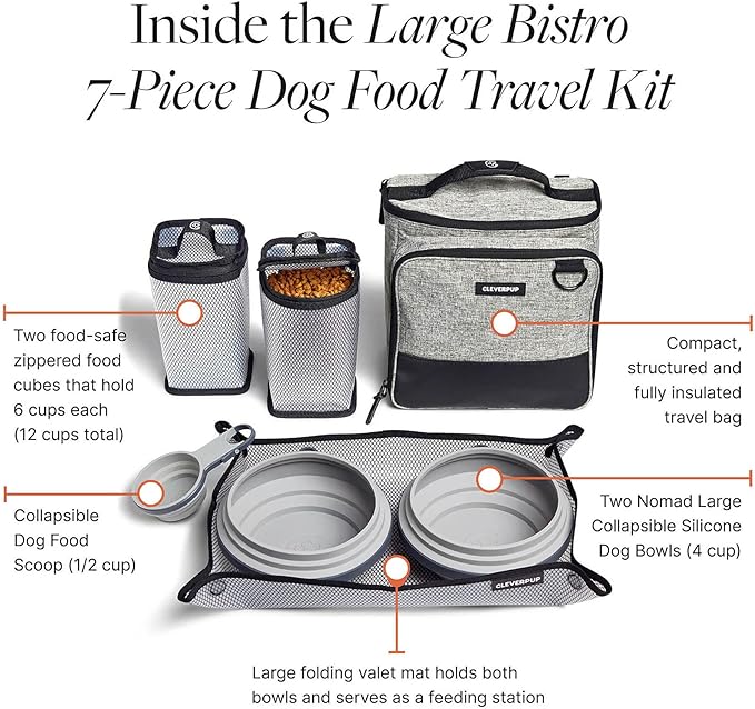 Cleverpup, Small 7-Piece Bistro Box Dog Food Travel Kit, 6-Cup BPA-Free Kibble Storage, 2 Silicone Bowls, Mat & Scoop - Portable Pet Food Kit for Weekends, Overnights, Daycare & Camping, Heather Grey