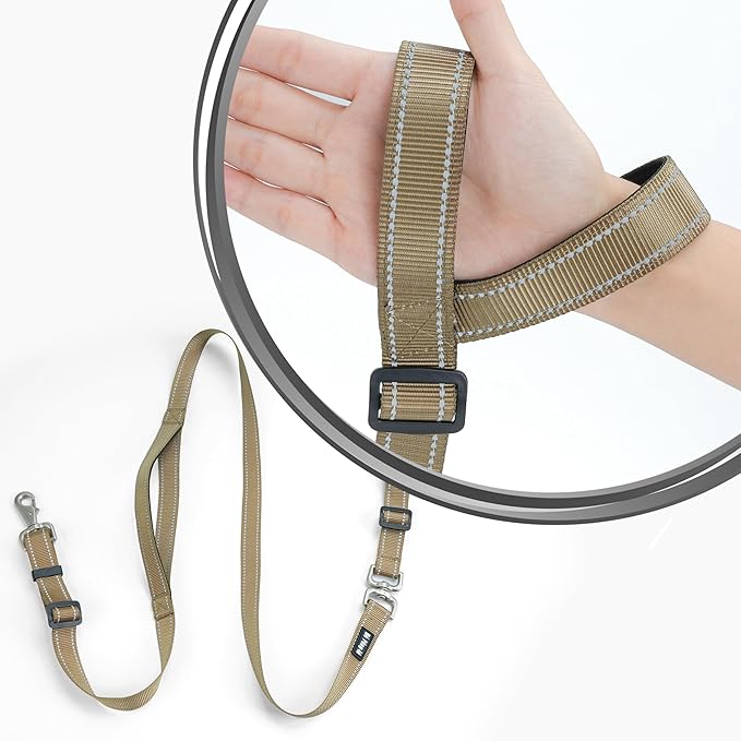 Hands-Free Dog Leash, Heavy Duty No-Pull Training Lead w/Anti-Tangle, Double Padded Traffic Handles Adjustable 4-4.6FT & Reflective Thread for Medium Large Dogs for Running/Walking Khaki