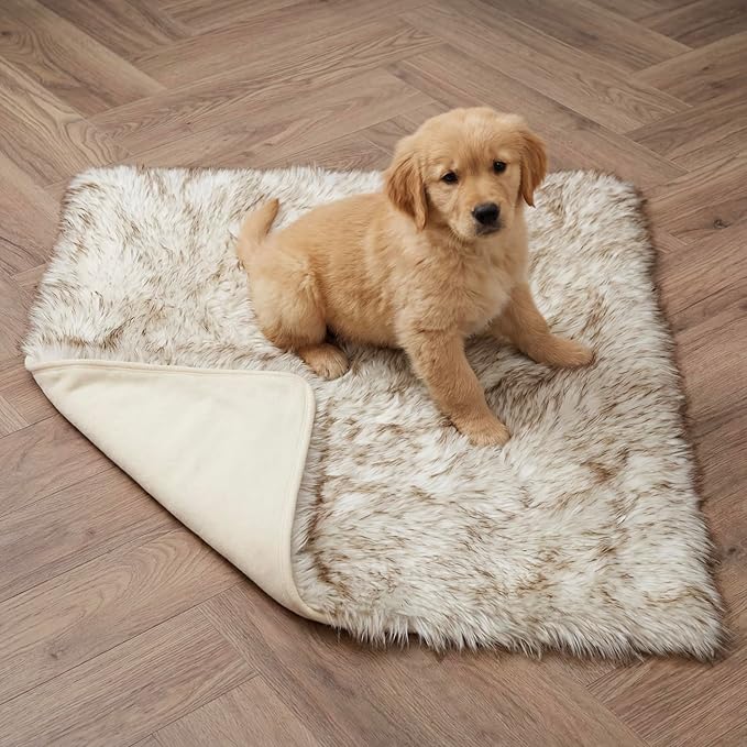 Waterproof Dog Blanket for Small, Medium & Large Dogs – Faux Fur Pet Throw for Couch, Sofa, Bed & Car – Soft, Washable, Stain-Resistant, Durable Cover – White w/Brown Tips – 40" x 30"