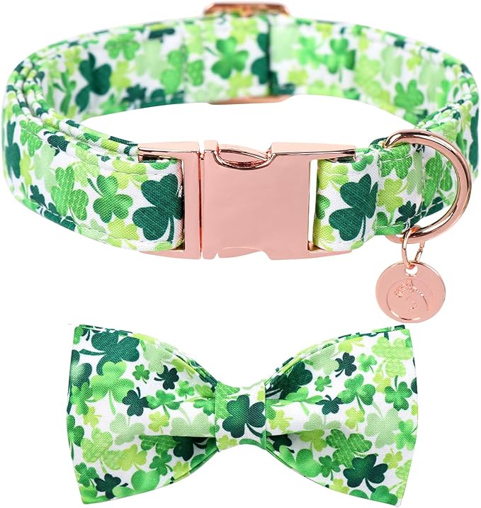 DOGWONG St. Patrick's Day Dog Collar-Cute Clovers Dog Collar with Bow, Cotton Trefoil Bowtie Dog Collars with Metal Buckle for Small Medium Large Dogs