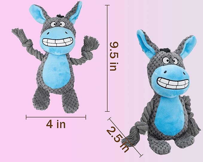 Dog Toy Squeaky Chewing Rope Stuffed Plush Animal with Crinkle Paper Interactive Soft Aggressive S-M-L Pets Gift Holiday Grey Donkey