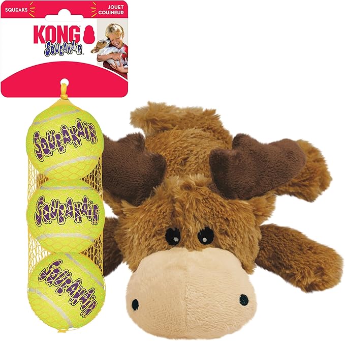 KONG Cozie Marvin Moose & SqueakAir Balls (3 Pack) - Dog Fetch & Chew Toys for Fun - Soft Toy Moose for Indoor Play - Durable Dog Toy Balls for Outdoor Play - for Small Dogs