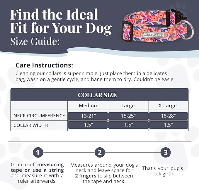 Lucky Love Dog Wide Dog Collar - Adjustable, Durable, Soft Webbing, & Comfortable 1.5 inch Wide Collar with Strong Buckle for Dogs Male and Female with Strong Buckle - Rosie, Large