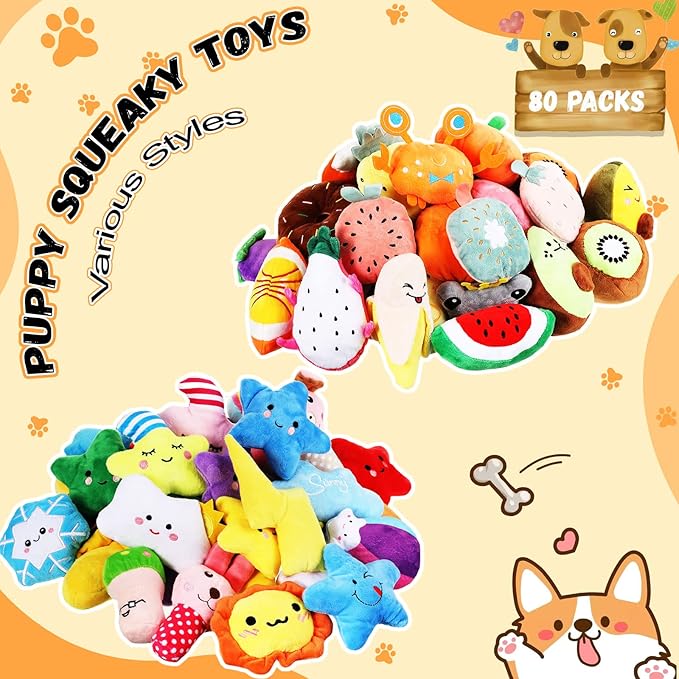 Hungdao 80 Pcs Dog Toys Bulk Squeaky Dog Gifts for Medium Small Puppy Stuffed Plush Chew Toys Small Pet with Squeakers for Puppies Teething(Novel Style)