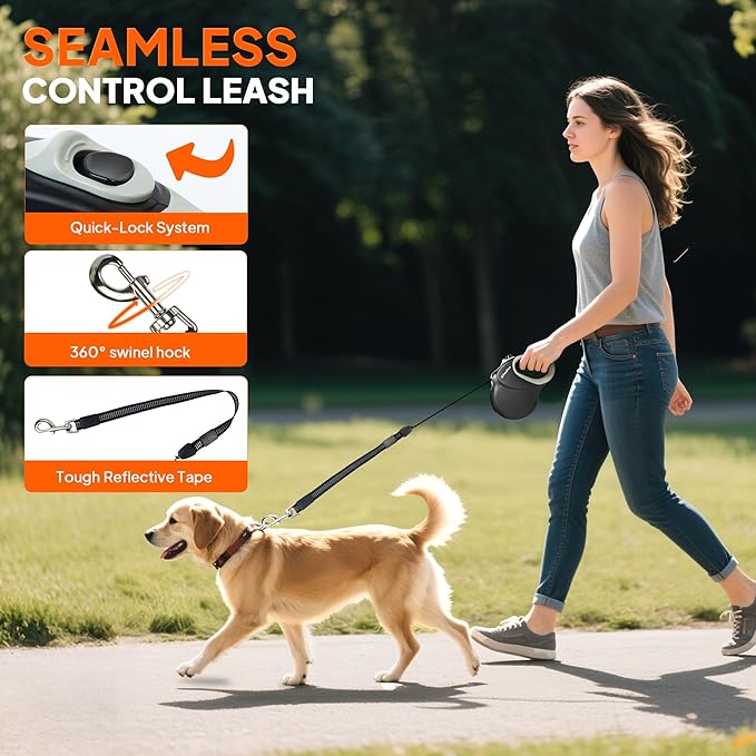 Twoear 30FT Retractable Dog Leash for Medium & Large Dogs up to 110 LBS - Heavy Duty Tangle-Free Long Leash with One-Hand Brake, Anti-Slip Handle & Smooth Retraction - Black