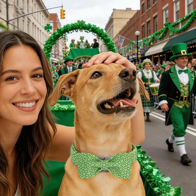 Lionheart glory St. Patrick's Day Dog Collar with Bowtie - Cute Lucky Clover Shamrock Dog Bow Collar, Soft Adjustable Collars Green Spring Trefoil Collars Bowtie for Small Dogs Puppy