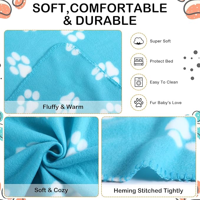 Tegeme 12 Pieces Fleece Blankets for Pets Dog Puppy Paw Print Cat Bedding Cover Blanket for Small Animals Pig Cage Liner Sleep Mat Pad Kitten Soft Warm(Cute Style,18 x 24 Inches)