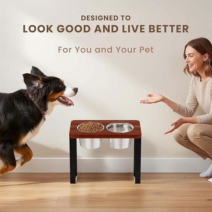 14" Tall Elevated Dog Bowls - Ergonomic Stainless Steel Dog Bowls with 10° Tilt in Acacia Wood Stand for Tall & Large Breed