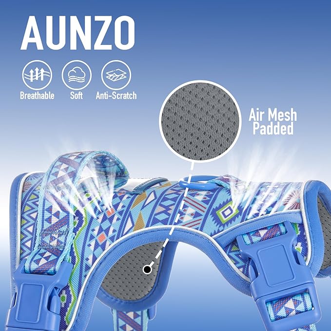 Light Dog Harness for Small Sized Dog Breeds, No-Pull Pet Harness with 2 Leash Clips, Adjustable Soft Padded Dog Vest, Reflective Pet Oxford Vest, Puggle, Terriers, Beagle, Blue Ethnic S