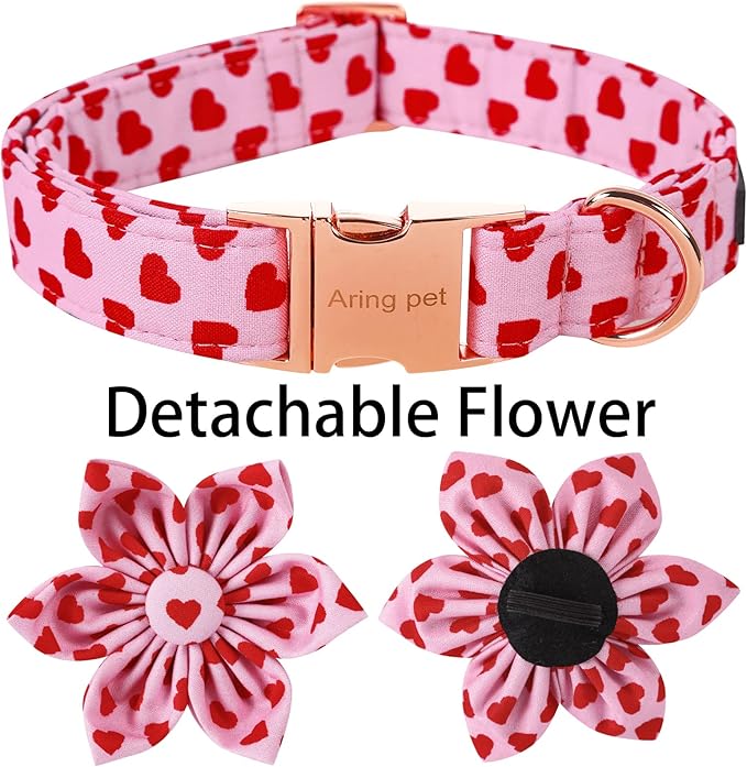 ARING PET Valentine's Dog Collar-Adorable Pink Heart Dog Collar with Flower, Adjustable Cotton Girl Dog Collars with Metal Buckle