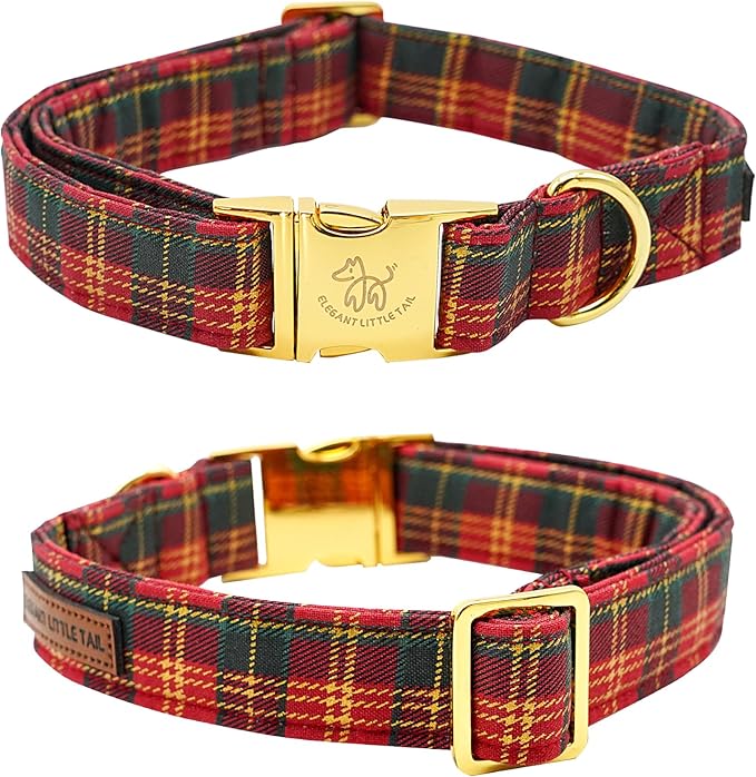 Elegant Little Tail Plaid Christmas Dog Collar with Flower Dog Flowers - Medium Sizes