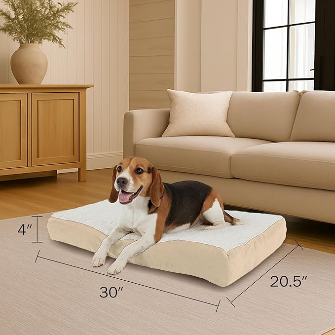 Orthopedic Dog Bed - 2-Layer Memory Foam Crate Mat with Machine Washable Sherpa Cover - 30x20.5 Pet Bed for Medium Dogs Up to 45lbs by PETMAKER (Tan)