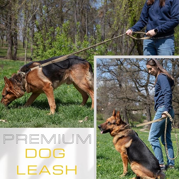 ADITYNA Tactical Bungee Dog Leash 6ft-7.5ft - Shock Absorbing Lead with 2 Padded Handles, Metal Clasp, Car Seatbelt - Heavy Duty No Pull for Medium, Large & XL Breeds