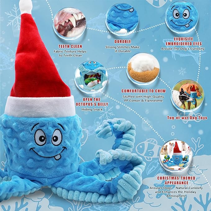 Christmas Dog Toys, Octopus Dog Toy with 10 Pcs Small Dog Toy, Crinkle Plush Dog Toy for Puppies, Interactive Holiday Pet Toys Sets (Blue)