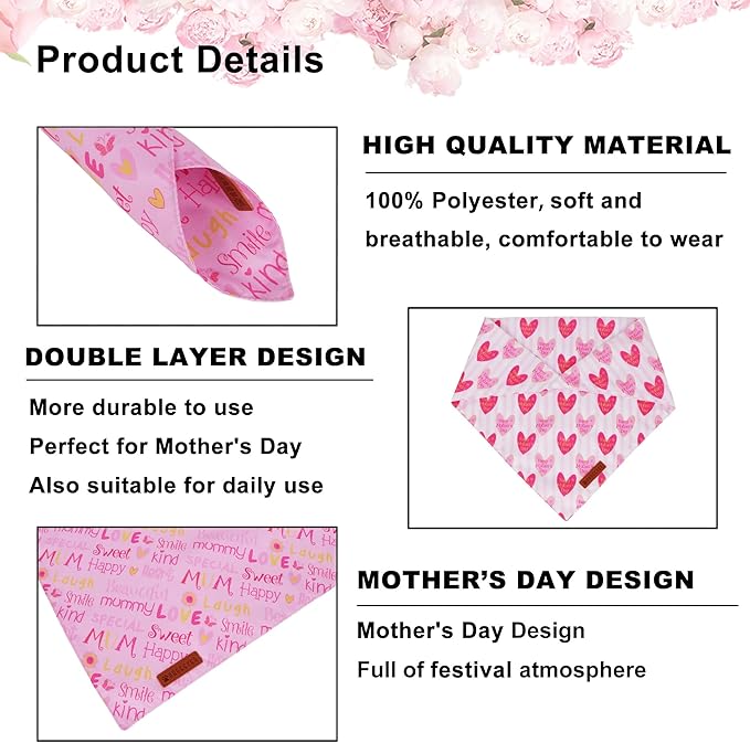 ADOGGYGO Mothers Day Dog Bandanas, Reversible Pink Pet Scarf, Premium Durable Fabric, Adjustable Fit Holiday Bandanas for Medium Large Dogs Pets (Large)