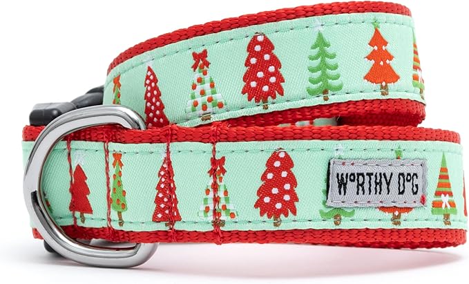 THE WORTHY DOG Adjustable Holiday Dog Collar for Small Dogs, Durable Nylon Webbing, Quick Release Buckle, Holiday Trees Christmas Pattern, Green, X-Small