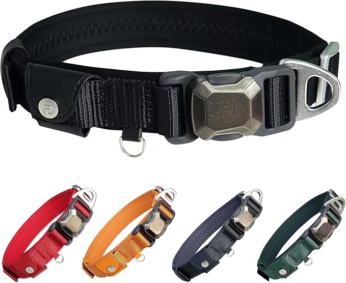 Upgraded Airtag Dog Collar, Adjustable Dog Collar with 450LB Escape-Proof Magnetic Buckle, Soft Anti-Wrinkle, Bite & Stain-Resistant Leather (Carbon Night, L)