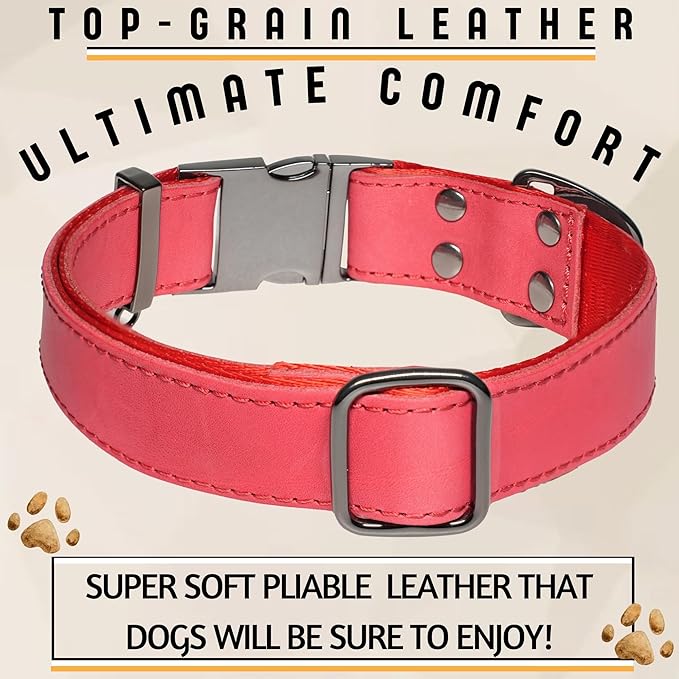 ADITYNA Red Leather Dog Collar with Metal Buckle - Heavy-Duty, Adjustable for Medium & Large Dogs (Red, Fits 15-21" Necks)