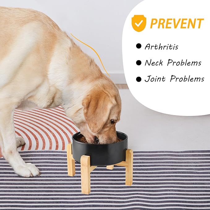 8'' Ceramic Raised Dog Bowl - 70Oz Dog Food & Water Bowl with Elevated Non-Slip Bamboo Stand, Dishwasher & Microwave Safe, Anti Vomiting Heavy Duty Pet Bowl for Medium and Large Dogs, Black