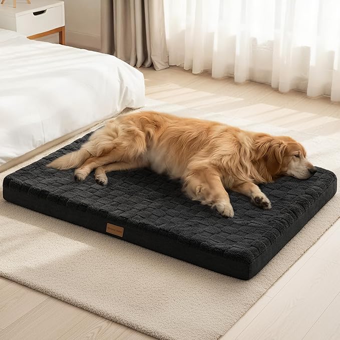 Patas Lague Orthopedic XL Dog Bed Large Sized Dog 42''X28'', Waterproof Soft Comfortable Egg Crate Foam Large Pet Beds Crate Mat with Removable Washable Cover and Nonskid Bottom, Black