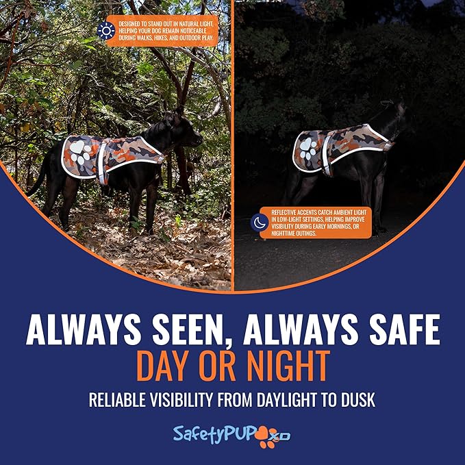 SafetyPUP XD Dog Reflective Vest – Hi-Vis Fluorescent Visibility That Helps to Safeguard Your Pet On/Off Leash in Urban & Rural Areas (Camo, Medium)