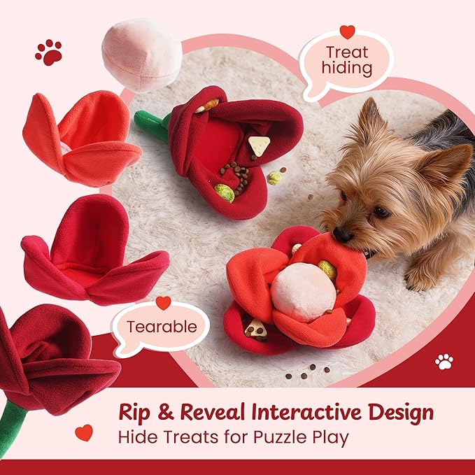 Nocciola Valentine Day Tearable Pull Apart Dog Toy, Interactive Rose Plush with Squeaky & Crinkle, Hide Treats Puzzle Toy for Aggressive Chewers, Gift for Small Medium Large Dogs