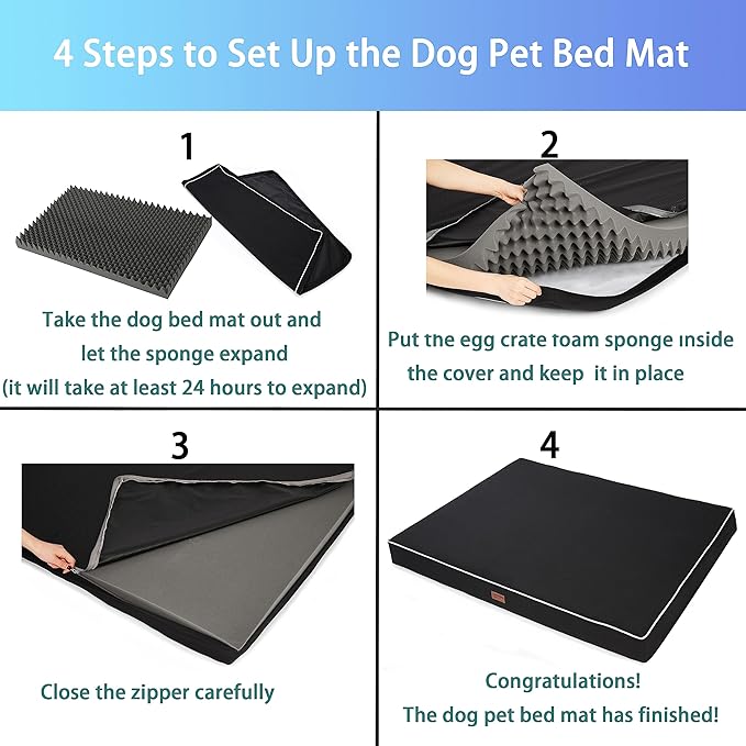 Dog Bed Mats for Large Big Dogs - Orthopedic Dog Pet Bed Thick Egg Foam Crate, Removable Washable Cover, Non-Slip Bottom Durable Dog Crate Bed Mat (Black, XXL(47''x29''x4''))