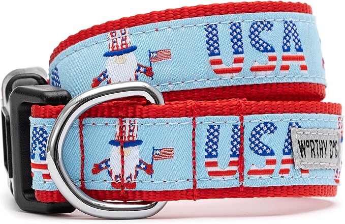 THE WORTHY DOG Collar for Small Dogs, Adjusts 6-12 inches, Durable Nylon Webbing, Quick Release Buckle, Uncle Sam Gnome Pattern, Red/White/Blue, X-Small