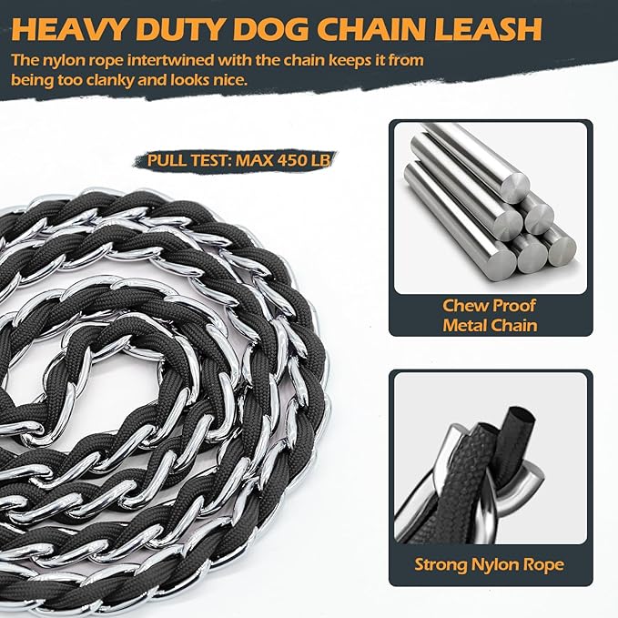 Chain Dog Leash Chew Proof Metal Leash for Medium Large Dogs, Chain Link Dog Leash Anti Chew 5.2FT Strong Anti Bite Dog Leash Comfortable Soft Padded Handle Black 3.0
