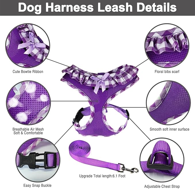 SuperBuddy Upgraded Soft Mesh Dog Harness, Super Breathable Lightweight Pet Harnesses for Puppy Dogs Outdoor Walking, Purple Dog Harness and Dog Leash Set Packing -XSmall