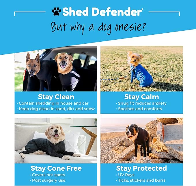 Shed Defender Original Dog Onesie for Dog Shedding, Seen on Shark Tank, Lightweight Breathable, Bodysuit for Dogs, Recovery Suit, Jumpsuit, Dog Body Suit